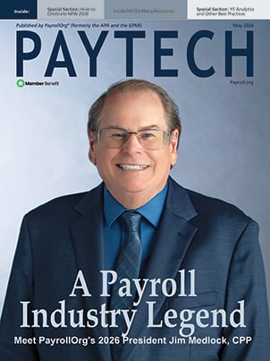Cover of May 2026 issue of PAYTECH featuring Jim Medlock, CPP